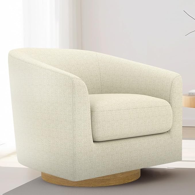 MUUEGM Accent Chair with Arms, 360 Degree Swivel Accent Chair with Wood Base, Modern Barrel Chair for Living Room, Bedroom, Waiting Room, Fully Assembled,Performance Fabric in Gesso White - LeafyLoom