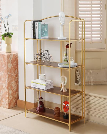 No Assembly Folding Bookshelf, 4 Tier Gold Bookshelf, Metal Book Shelf for Storage, Folding Bookcase for Office Organization and Storage, 12.87" D x 30.9" W x 55.71" H - LeafyLoom