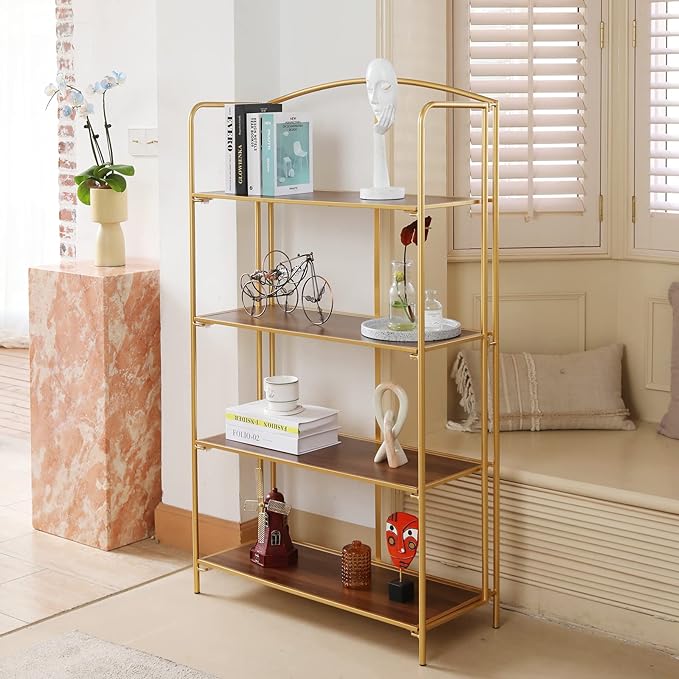 No Assembly Folding Bookshelf, 4 Tier Gold Bookshelf, Metal Book Shelf for Storage, Folding Bookcase for Office Organization and Storage, 12.87" D x 30.9" W x 55.71" H - LeafyLoom