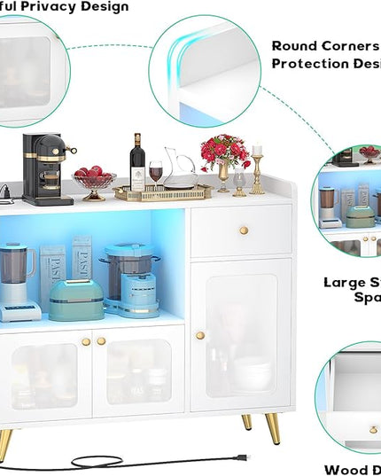 Cyclysio Sideboard Buffet Cabinet with Power Outlet, Kitchen Cabinet with LED Lights, Large Bar Cart Accent Buffet Cabinet with Door for Bedroom, Living Room, Kitchen, Hallway, White - LeafyLoom