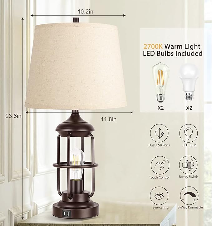 QiMH Table Lamp Set of 2 with USB Ports, Touch Control 3-Way Dimmable Bedside Lamp with 2 LED Night Light, Farmhouse Rustic Nightstand Lamp for Living Room Bedroom Decor (2700K Bulbs Included) - LeafyLoom