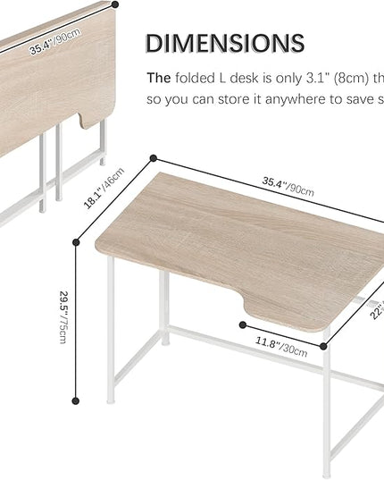 4NM 35.4" Small L Shaped Desk, Folding Computer Desk Home Office Desk, Foldable Bed Desk for Laptop for Small Space Offices - Natural and White - LeafyLoom