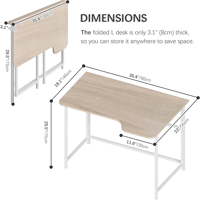 4NM 35.4" Small L Shaped Desk, Folding Computer Desk Home Office Desk, Foldable Bed Desk for Laptop for Small Space Offices - Natural and White - LeafyLoom