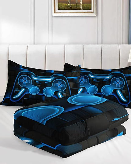 Axolotl Gamepad Comforter Set Twin Size,Blue Grid Print Bedding Set,Boys Gaming Console Comforter Set,Modern Gaming controller Geometry Bedding Set for Adult Teens Men,1 Quilt 2 Pillowcases,Blue Black - LeafyLoom