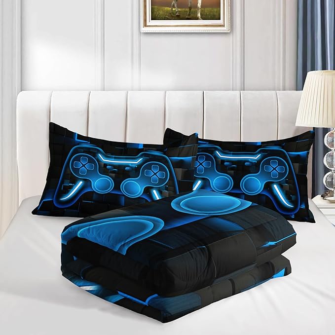 Axolotl Gamepad Comforter Set Twin Size,Blue Grid Print Bedding Set,Boys Gaming Console Comforter Set,Modern Gaming controller Geometry Bedding Set for Adult Teens Men,1 Quilt 2 Pillowcases,Blue Black - LeafyLoom