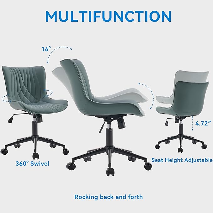YOUNIKE Office Chair Armless Desk Chair with Wheels, Home Office Computer Task Chair, Modern Faux Leather Upholstered Vanity Chair, Adjustable Swivel Rolling Office Chairs, Greyishgreen - LeafyLoom