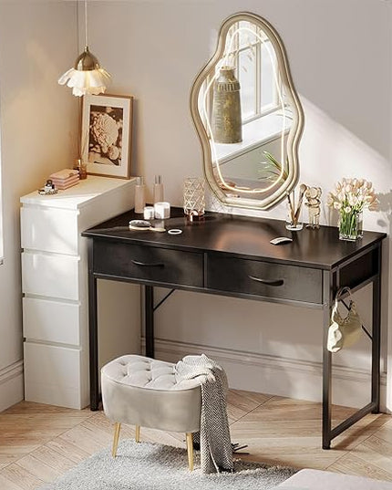 ODK 40 Inch Small Desk with Fabric Drawers- for Bedroom, Black Study Desk with Storage, Home Office Computer Desk for Small Spaces, Modern Work Writing Kids Table, Black - LeafyLoom