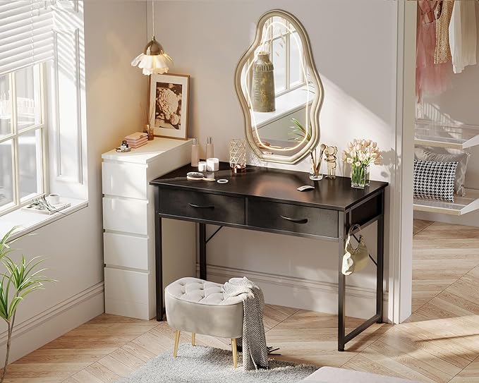 ODK 40 Inch Small Desk with Fabric Drawers- for Bedroom, Black Study Desk with Storage, Home Office Computer Desk for Small Spaces, Modern Work Writing Kids Table, Black - LeafyLoom