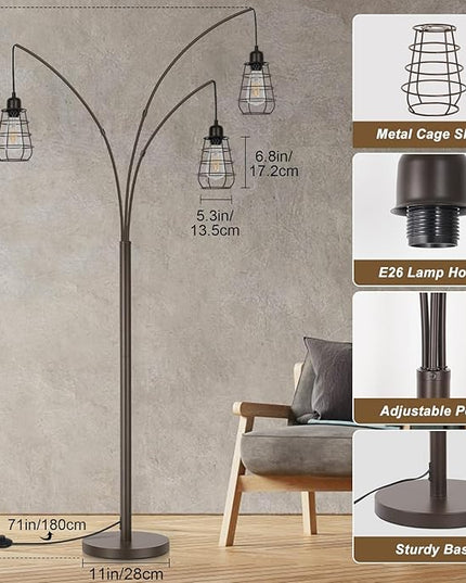 Industrial Floor Lamp, 3 Light Arc Floor Lamps for Living Room, 76 Inch Tall Standing Lamp with Metal Cage Shades & Foot Switch, Vintage Floor Lamp for Bedroom, Office, Corner, Bronze - LeafyLoom