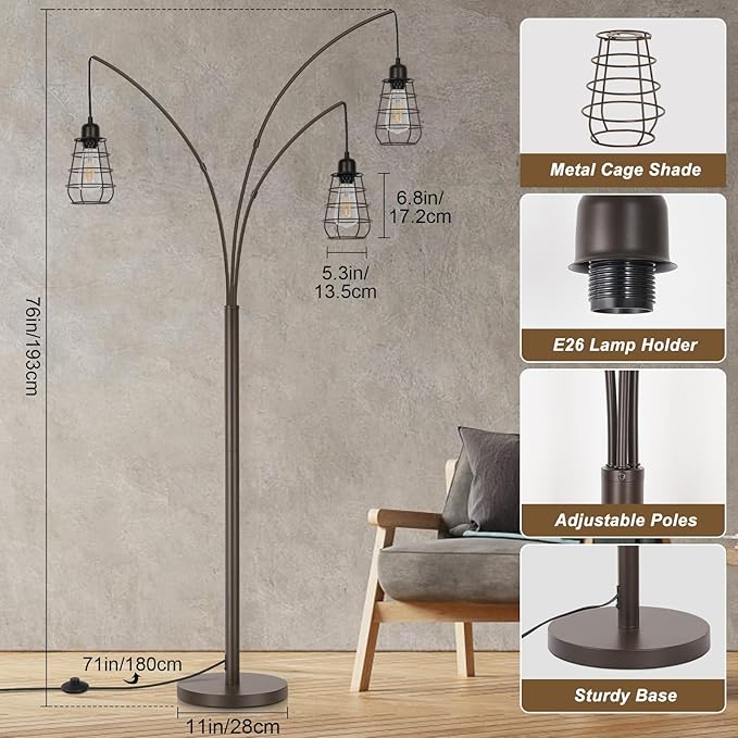 Industrial Floor Lamp, 3 Light Arc Floor Lamps for Living Room, 76 Inch Tall Standing Lamp with Metal Cage Shades & Foot Switch, Vintage Floor Lamp for Bedroom, Office, Corner, Bronze - LeafyLoom