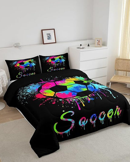 Kids Soccer Ball Game Comforter Set Full Size Football Bedding Set for Boys Girls Teens Bedroom Decor Rugby Sports Comforter American Football Player Duvet Set with 2 Pillow Case - LeafyLoom
