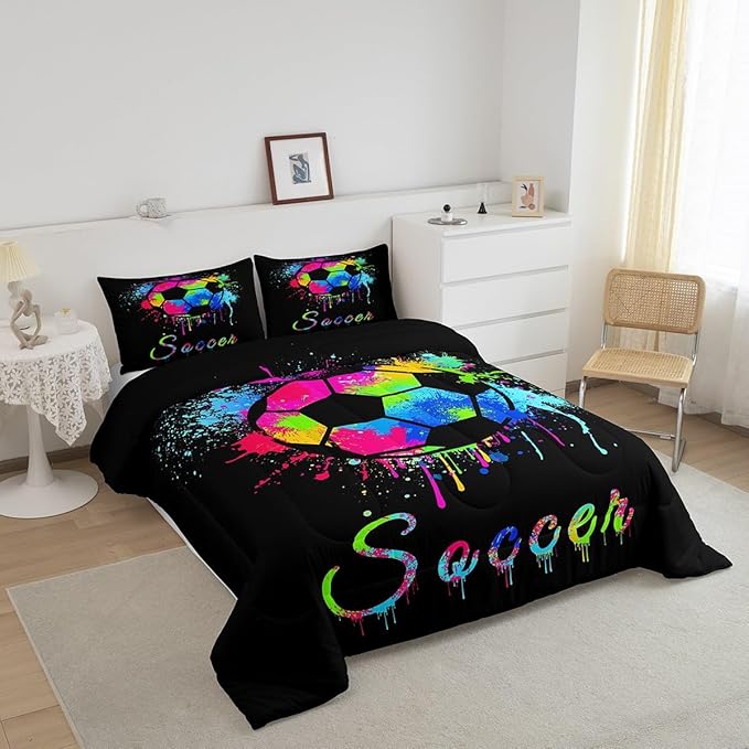 Feelyou Kids Soccer Ball Game Comforter Set King Size Football Bedding Set for Boys Girls Teens Bedroom Decor Rugby Sports Comforter American Football Player Duvet Set with 2 Pillow Case - LeafyLoom