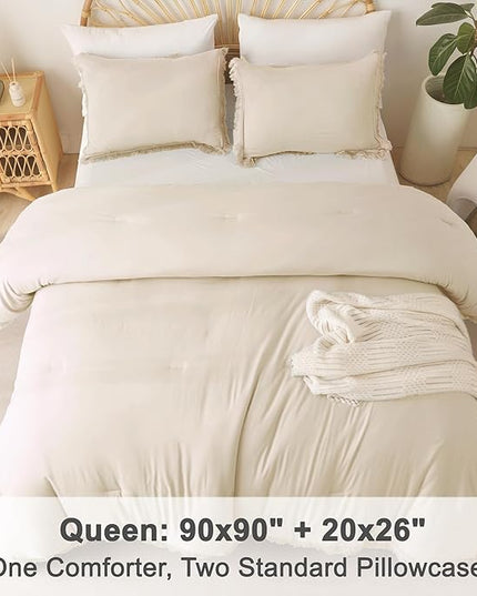 Litanika Beige Queen Comforter Set, 3 Pieces Cream Boho Tassel Lightweight Bed Comforter Queen,All Season Soft Solid Color Bedding Comforter Sets Ivory (1 Comforter 90x90 Inch, 2 Pillowcases) - LeafyLoom