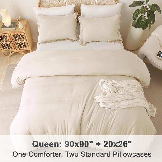 Litanika Beige Queen Comforter Set, 3 Pieces Cream Boho Tassel Lightweight Bed Comforter Queen,All Season Soft Solid Color Bedding Comforter Sets Ivory (1 Comforter 90x90 Inch, 2 Pillowcases) - LeafyLoom