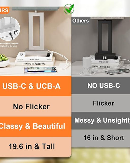 Nightstand Table Lamps for Bedrooms Set of 2 - Touch Bedside Lamp with USB C+A, 3 Way Dimmable Living Room Lamps for End Tables Set of 2, Modern Night Stand Lamps for Bed Side(Grey&Silver) - LeafyLoom