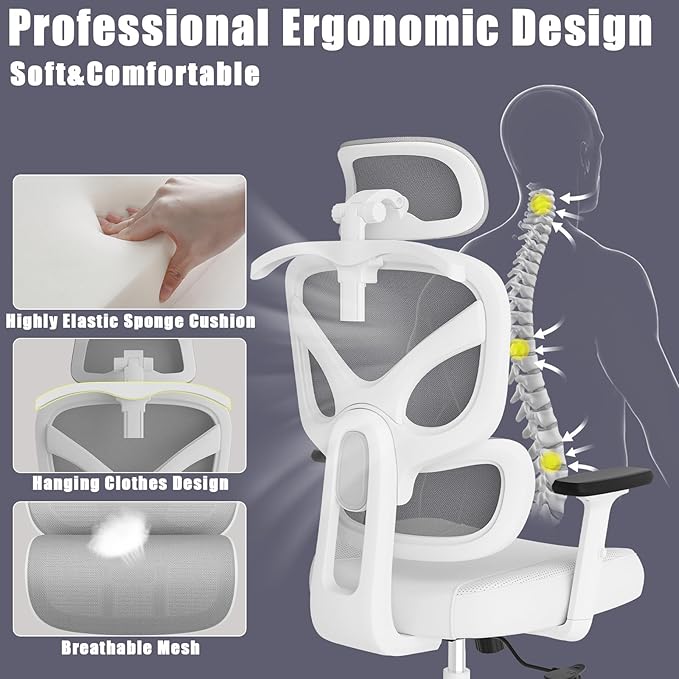 Office Chair, Ergonomic Desk Chair, High Back Desk Chair, Big and Tall Reclining Comfy Home Office Chair with Lumbar Support Breathable Mesh Computer Chair Adjustable Armrests - LeafyLoom