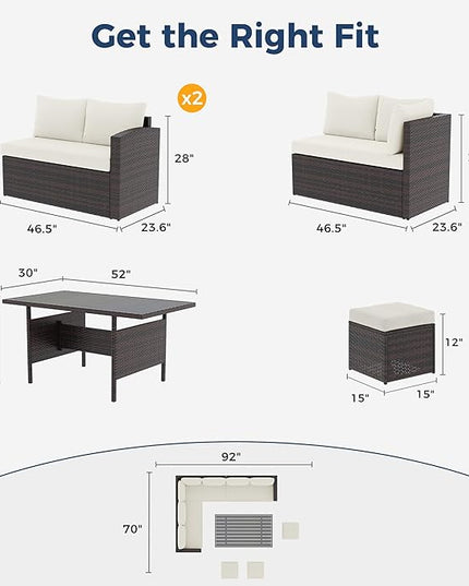 Wisteria Lane Patio Furniture Set, 7 Piece Outdoor Dining Sectional Sofa with Dining Table and Chair, All Weather Wicker Conversation Set with Ottoman, Ivory - LeafyLoom