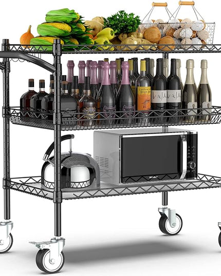 3 Tier Rolling Carts with Wheels,990Lbs Heavy Duty Rolling Utility Cart,NSF Commercial Grade Metal Cart with Handle&Shelf Liner,Trolley Serving Cart for Kitchen,Restaurant,Plant Display,Black - LeafyLoom