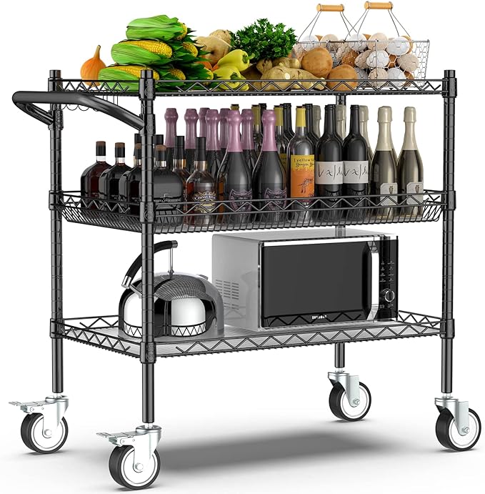 3 Tier Rolling Carts with Wheels,990Lbs Heavy Duty Rolling Utility Cart,NSF Commercial Grade Metal Cart with Handle&Shelf Liner,Trolley Serving Cart for Kitchen,Restaurant,Plant Display,Black - LeafyLoom