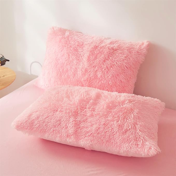 Fluffy Faux Fur Pink Comforter Cover Set Queen - Ultra Soft Plush Pink Bedding Sets 3 Pieces (1 fluffy duvet cover + 2 Faux Fur Pillow case) Cute Pink Bed Set (Light Pink, Queen) - LeafyLoom