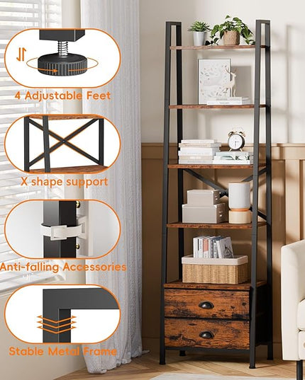 Furologee 5-Tier Ladder Shelf with 2 Drawers,Narrow Bookshelf Storage Shelves,Industrial Bookcase Freestanding Shelf Units for Bedroom,Living Room,Bathroom,Home Office,Balcony,Wood Metal,Rustic Brown - LeafyLoom