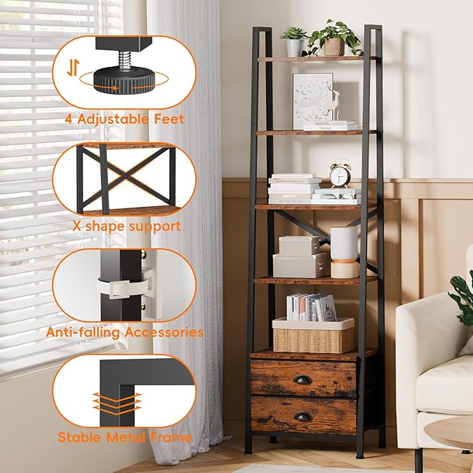 Furologee 5-Tier Ladder Shelf with 2 Drawers,Narrow Bookshelf Storage Shelves,Industrial Bookcase Freestanding Shelf Units for Bedroom,Living Room,Bathroom,Home Office,Balcony,Wood Metal,Rustic Brown - LeafyLoom