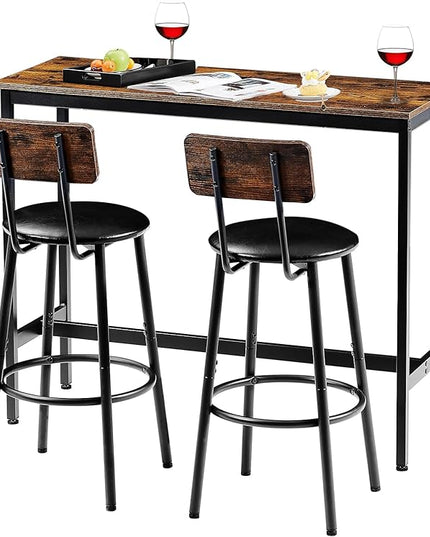 Bar Table and 2 Chairs Set, Industrial Style Bar Stools PU Upholstery Seat with Backrest, 3 Pieces Pub Dining Table Set for Kitchen, Apartment, Small Space, Brown - LeafyLoom