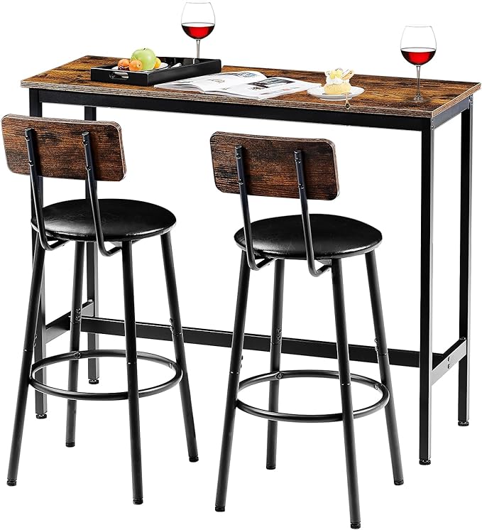 Bar Table and 2 Chairs Set, Industrial Style Bar Stools PU Upholstery Seat with Backrest, 3 Pieces Pub Dining Table Set for Kitchen, Apartment, Small Space, Brown - LeafyLoom