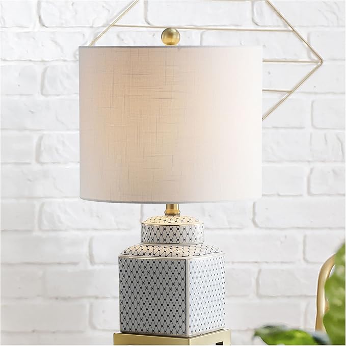 JONATHAN Y JYL3043A Cleo 21.5" Ceramic/Metal Ginger Jar LED Table Lamp Contemporary,Transitional for Bedroom, Living Room, Office, College Dorm, Coffee Table, Bookcase, White/Navy - LeafyLoom