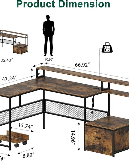 L Shaped Desk with Drawers, 66" Home Office Desk with Power Outlet and Led Strip, Reversible Computer Desk with Storage Shelves & Monitor Stand, Large Corner Desk Gaming Desk, Rustic Brown - LeafyLoom