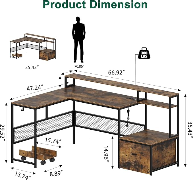 L Shaped Desk with Drawers, 66" Home Office Desk with Power Outlet and Led Strip, Reversible Computer Desk with Storage Shelves & Monitor Stand, Large Corner Desk Gaming Desk, Rustic Brown - LeafyLoom