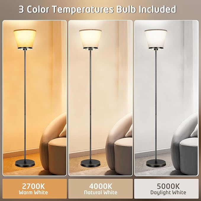 Led Floor Lamp for Bedroom, Black Floor Lamp Standing Lamp for Living Room Reading Office, 3 Color Temperatures 68 inch Tall Floor Lamp. 15W Bulb Included. - LeafyLoom