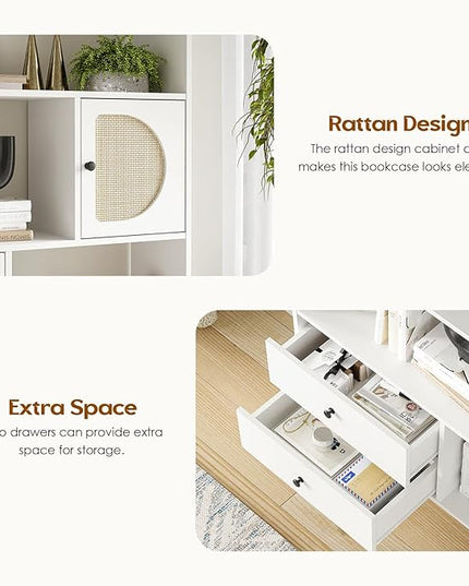 Soohow 4 Shelf Bookcase and Bookshelves with Drawer, 65” Tall Bookcases with Storage Shelves, Bookshelves and Bookcases with Rattan Cabinet and Metal Legs for Home Office, Living Room and Bedroom. - LeafyLoom