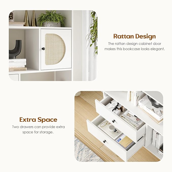 Soohow 4 Shelf Bookcase and Bookshelves with Drawer, 65” Tall Bookcases with Storage Shelves, Bookshelves and Bookcases with Rattan Cabinet and Metal Legs for Home Office, Living Room and Bedroom. - LeafyLoom