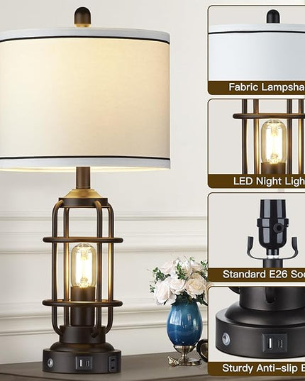 Modern Table Lamps Set of 2, Industrial 3-Way Dimmable Bedside Lamp with USB A+C Ports & AC Outlet, 25" Touch Control Nightstand Lamp LED Night Light for Living Room Bedroom Home(4 Bulbs Included) - LeafyLoom