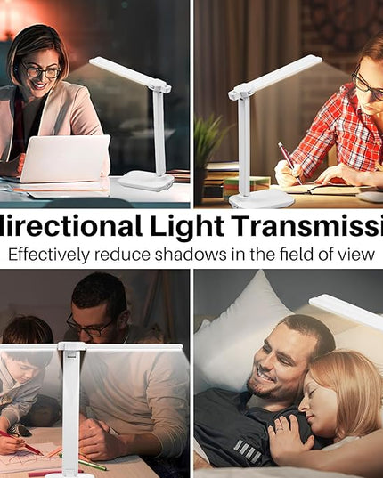 LED Desk Lamp Dimmable Double Head Reading Lamp with USB Charging Port, 3 Lighting Modes, Sensitive Control, Eye-Caring Office Lamp for Study Reading Drafting (White) - LeafyLoom