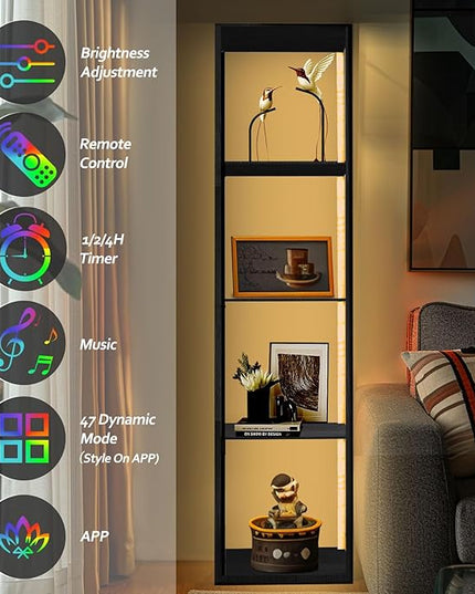 Corner Floor Shelf Light Dispaly: 5 Tiers Tall Corner Shelf Display Case Cabinet - Dimmable LED Corner Shelf with Light,Display Shelf Corner Shelves with Light - LeafyLoom