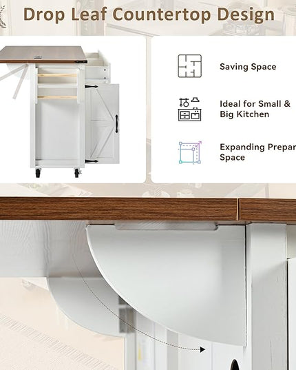53.5'' Farmhouse Kitchen Cart with Power Outlet & Drop Leaf, Portable Mobile Table w/Spice, Towel Rack and Drawers, Rolling Islands on Wheels, for Home, Dining Room, 53.5 Inch, White 14 - LeafyLoom