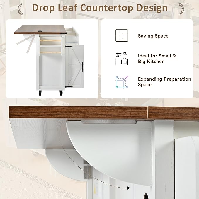 53.5'' Farmhouse Kitchen Cart with Power Outlet & Drop Leaf, Portable Mobile Table w/Spice, Towel Rack and Drawers, Rolling Islands on Wheels, for Home, Dining Room, 53.5 Inch, White 14 - LeafyLoom