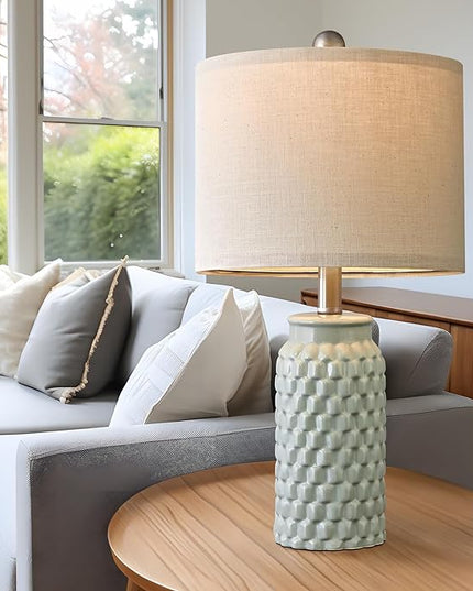 20.5 inches Modern Ceramic Green Bedside Lamp Set of 2 for Bedroom Decor Farmhouse Table Lamp for Living Room Office Dorm - LeafyLoom