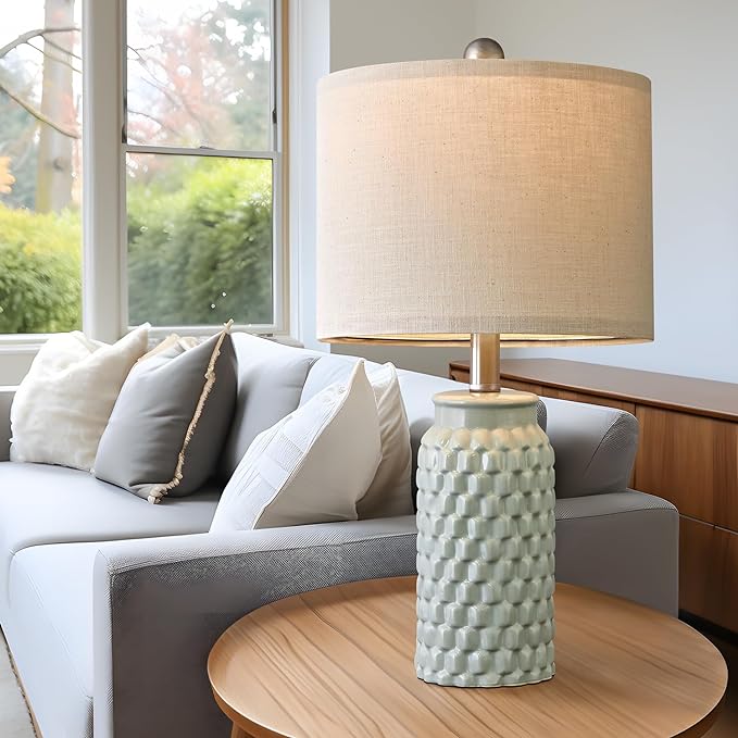 20.5 inches Modern Ceramic Green Bedside Lamp Set of 2 for Bedroom Decor Farmhouse Table Lamp for Living Room Office Dorm - LeafyLoom