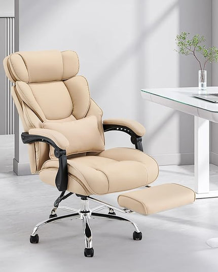 Office Chair with Footrest-Ergonomic Desk Chair with Adjustable Headrest and Lumbar Support Pillow, High Back Executive Computer Chair, Large Home Office Work Chair with Wide Seat for Comfort-Khaki - LeafyLoom