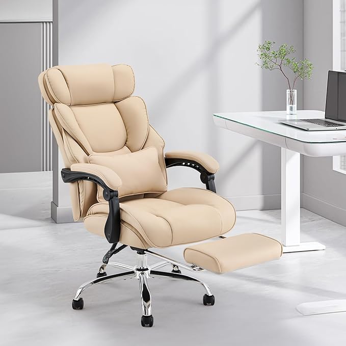 Office Chair with Footrest-Ergonomic Desk Chair with Adjustable Headrest and Lumbar Support Pillow, High Back Executive Computer Chair, Large Home Office Work Chair with Wide Seat for Comfort-Khaki - LeafyLoom
