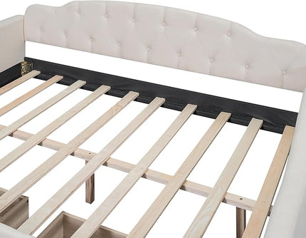 Full Size Upholstered Tufted Daybed with Two Storage Drawers,Linen Sofa Bed,Easy Assemble & No Box Spring Needed,Perfect for Small Space,Bedroom,Livingroom,Guest Room, Beige - LeafyLoom
