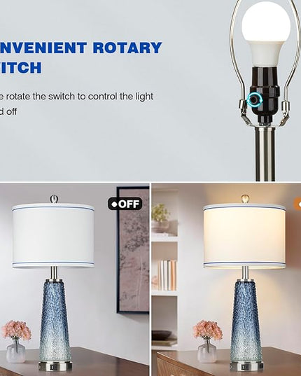 Glass Table Lamps for Living Room, 26" Modern Table Lamps with USB A+C Ports & AC Outlet, Touch Control Bedside Nightstand Lamp with Crystal Night Light for End Table Office Desk Blue(Bulbs Included) - LeafyLoom