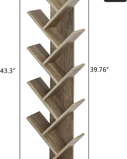 Hoctieon 10 Tier Tree Bookshelf, 10 Shelf Bookcase, Free Standing Tree Bookcase, Display Floor Standing Shelf for Books, Book Organizer Shelves for Home Office, Living Room, Bedroom, Greige - LeafyLoom