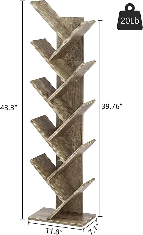 Hoctieon 10 Tier Tree Bookshelf, 10 Shelf Bookcase, Free Standing Tree Bookcase, Display Floor Standing Shelf for Books, Book Organizer Shelves for Home Office, Living Room, Bedroom, Greige - LeafyLoom