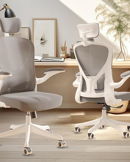Ergonomic Office Chair Home Desk Office Chair with Flip-Armrest & Cushion for Lumbar Support, high Back Computer Chair with Thickened Cushion Desk Chairs Gray - LeafyLoom