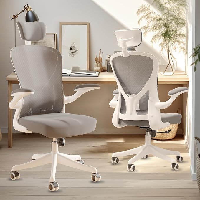 Ergonomic Office Chair Home Desk Office Chair with Flip-Armrest & Cushion for Lumbar Support, high Back Computer Chair with Thickened Cushion Desk Chairs Gray - LeafyLoom