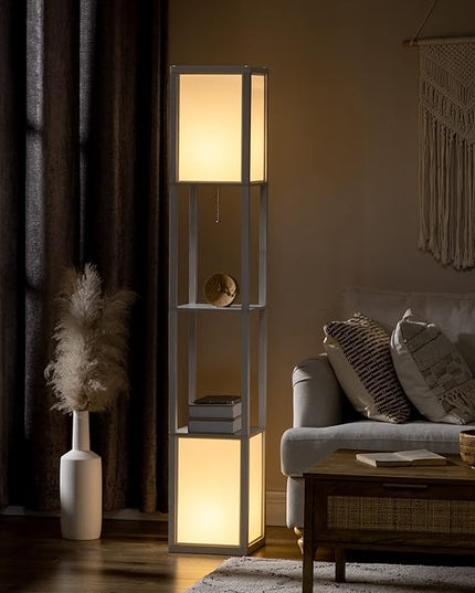 HOMCOM Modern Floor Lamp with Shelves & Dual Ambient Lighting, Tall Standing Lamp for Living Room, Bedroom with Fabric Lampshade (Bulb not Included), White - LeafyLoom